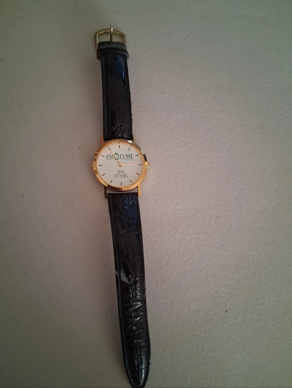 Pro Tyme Branded Gold-Tone Watch with Black Leather Strap